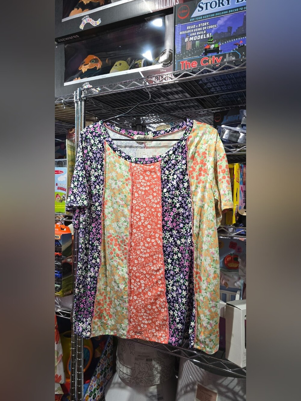 New Medium Haptics Multicolor Floral Patchwork Short Sleeve Top